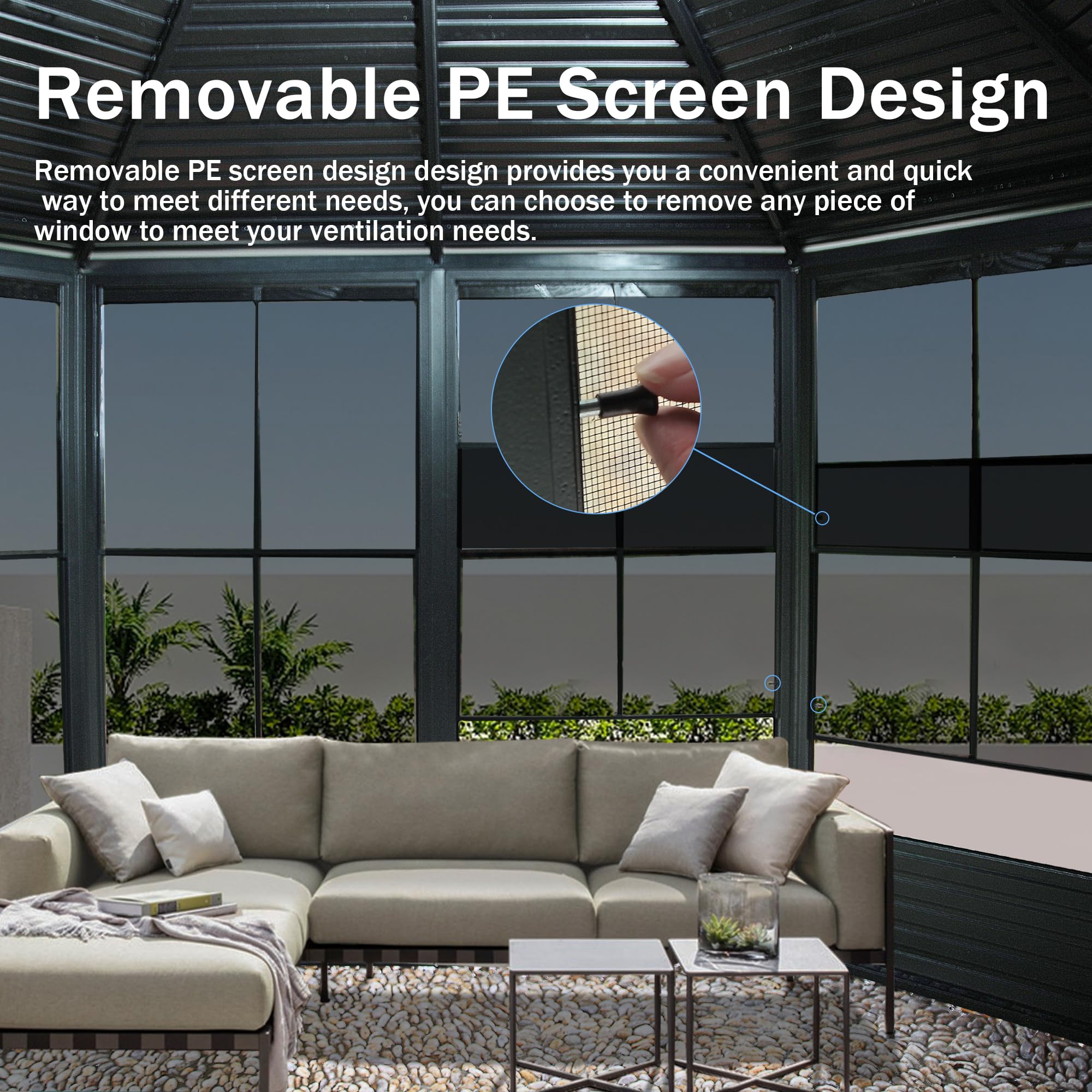 12 x 12 FT Sunroom Octagonal Solarium,Screen Houses for Outdoors Backyard with Lockable Sliding Door,Moveable PC Screen,Galvanized Steel Sloping Roof by Dropsure