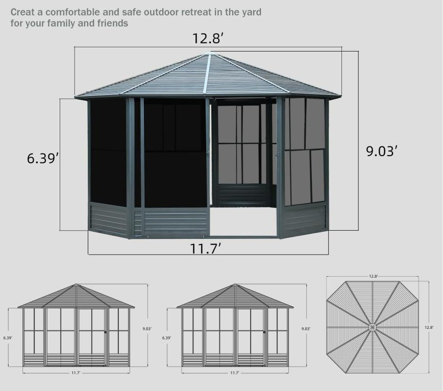 12 x 12 FT Sunroom Octagonal Solarium,Screen Houses for Outdoors Backyard with Lockable Sliding Door,Moveable PC Screen,Galvanized Steel Sloping Roof by Dropsure