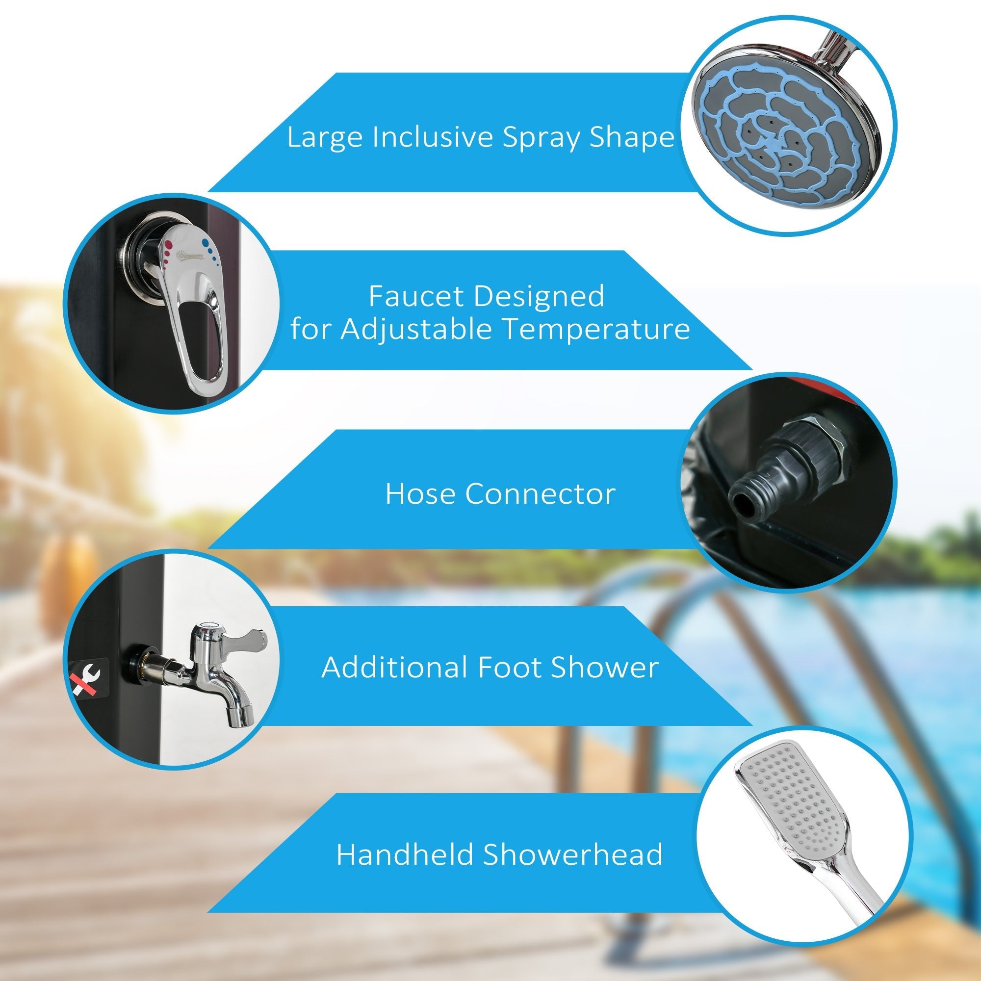 7' Outdoor Solar Heated Shower with 360 Rotating Rainfall Head - GJB PRODUCTS