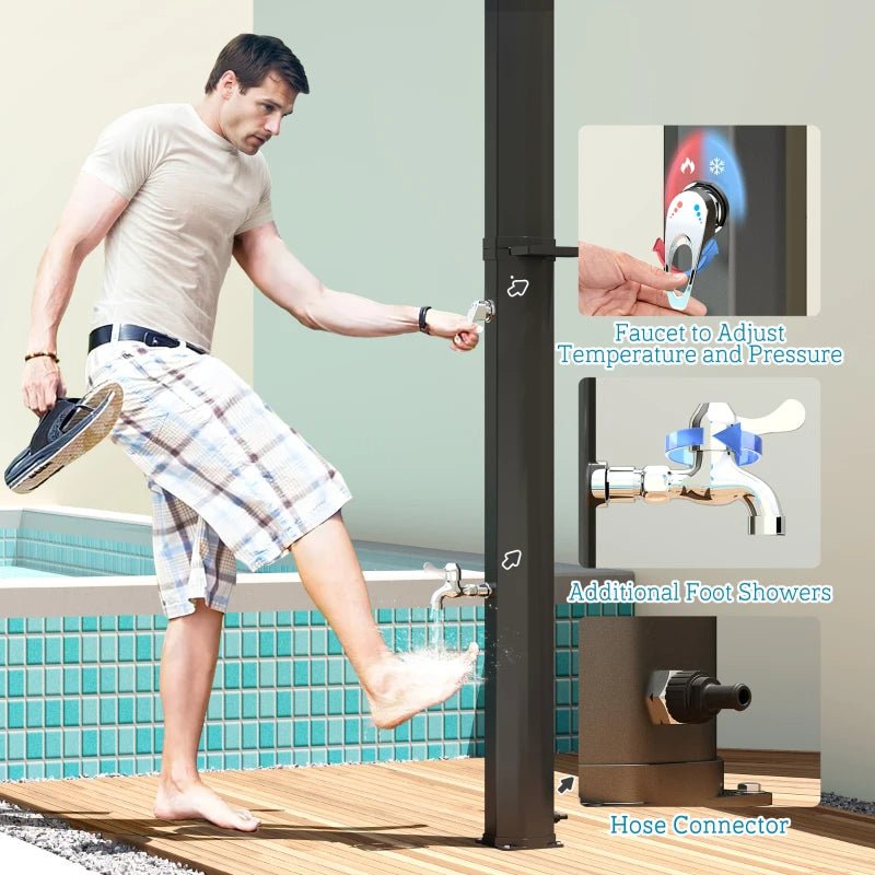 7Ft Solar Heated Outdoor Shower with Adjustable Faucet and Foot Tap - GJB PRODUCTS