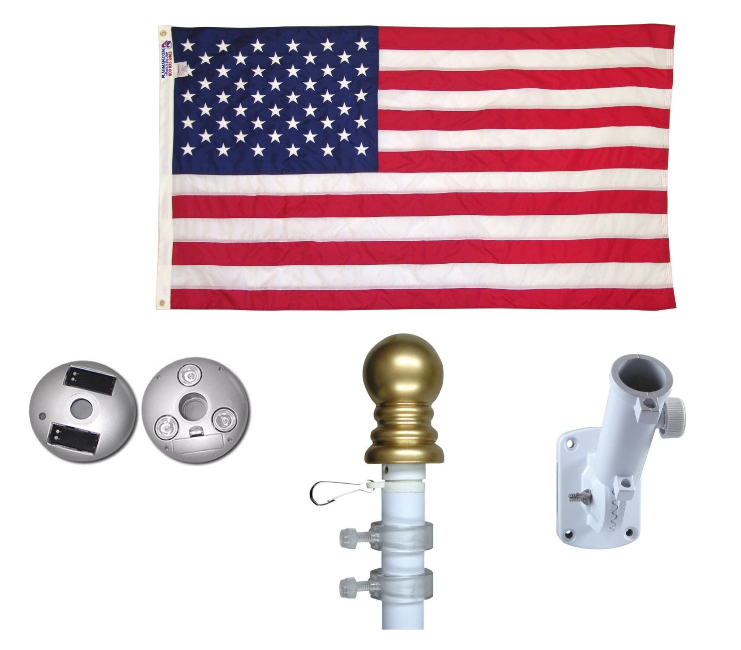 Illuminated Non Tangle Flagpole Kit w/ Flag, Adjustable Bracket, Aluminum Pole & Solar Light by Flagman of America