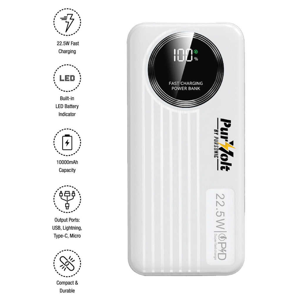 Pursonic 10,000mAh LED Fast Charging Power Bank – Built-in Cables- by Pursonic