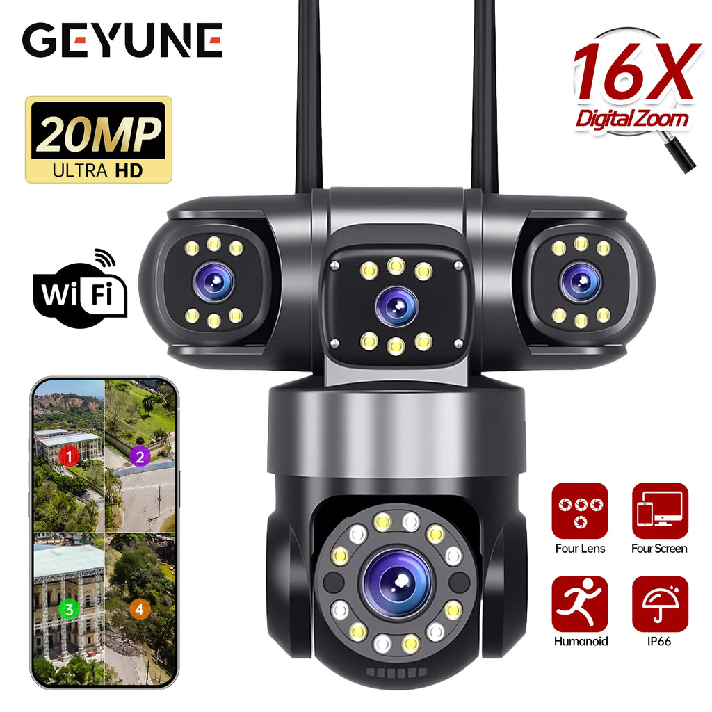 20MP WiFi Surveillance/Security Camera 10k with 4 Lens 4 Screens 16X Zoom CCTV with 360degree PTZ Auto Tracking by GJB PRODUCTS