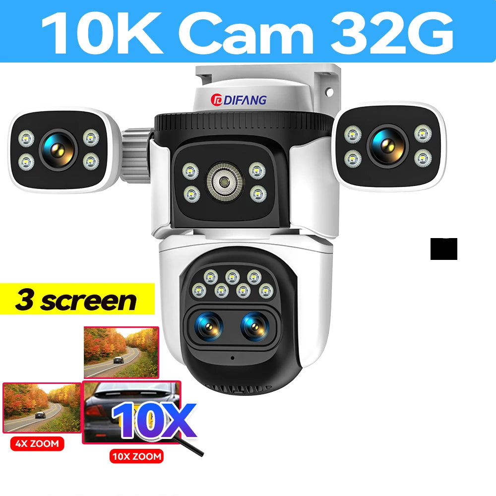 Surveillance/Security WiFi Camera 10K 4 Lens 20MP 3 Screens Optical 10X Zoom CCTV Video Camera & 360° Auto Tracking by GJB PRODUCTS