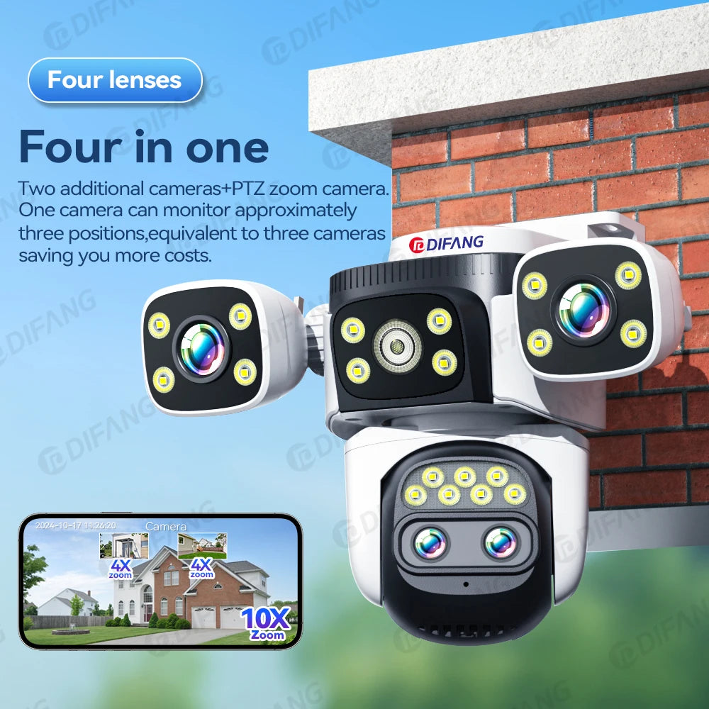 Surveillance/Security WiFi Camera 10K 4 Lens 20MP 3 Screens Optical 10X Zoom CCTV Video Camera & 360° Auto Tracking by GJB PRODUCTS