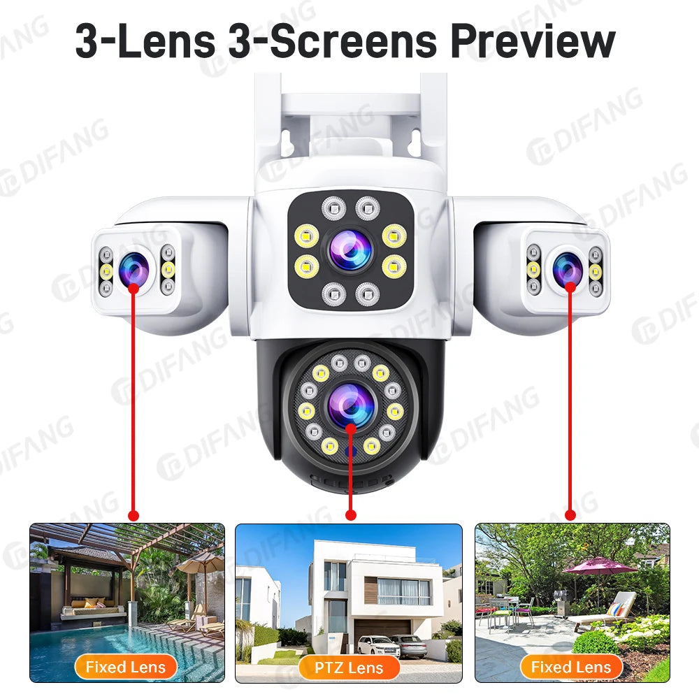 Surveillance/Security 6K 12MP WiFi Outdoor Camera 3 Screen 3 Lens PTZ 360° Auto Tracking by GJB PRODUCTS