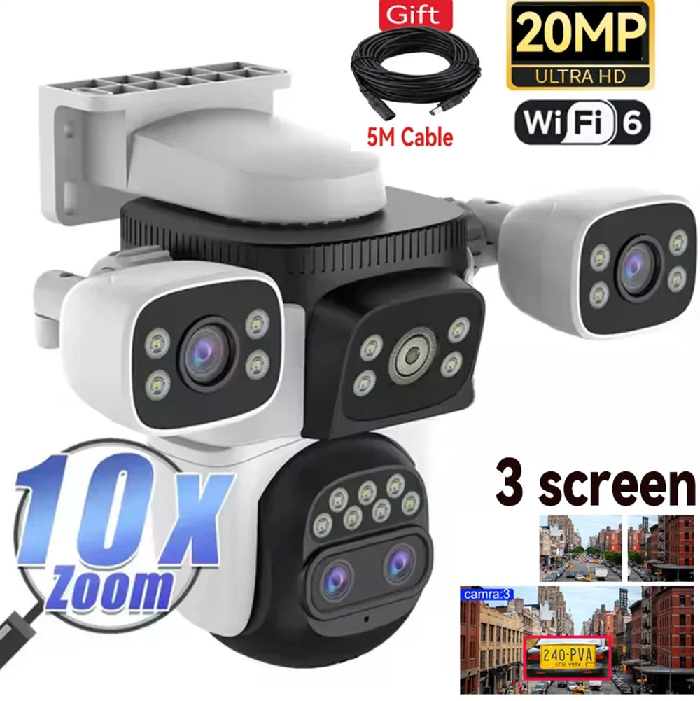 Surveillance/Security WiFi Camera 10K 4 Lens 20MP 3 Screens Optical 10X Zoom CCTV Video Camera & 360° Auto Tracking by GJB PRODUCTS