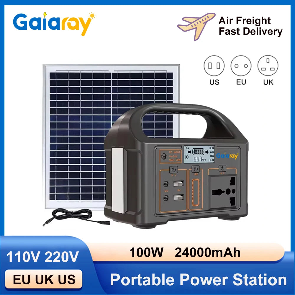 Gaiaray: Emergency Portable 100W Solar Generator Power Bank/ Charging Station. 220V•110V with 24,000mAh LiFePO4 Power by GJB PRODUCTS