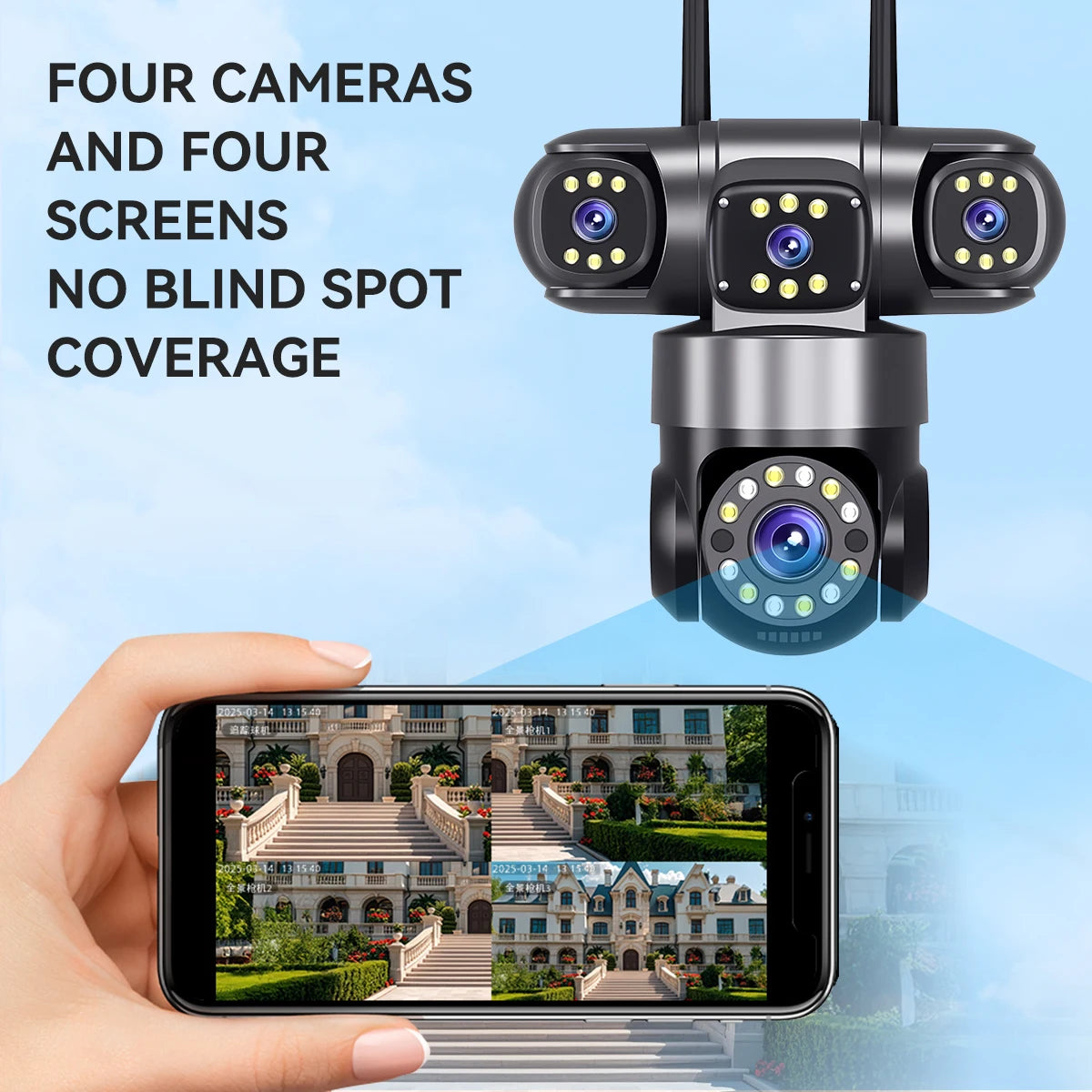 20MP WiFi Surveillance/Security Camera 10k with 4 Lens 4 Screens 16X Zoom CCTV with 360degree PTZ Auto Tracking by GJB PRODUCTS