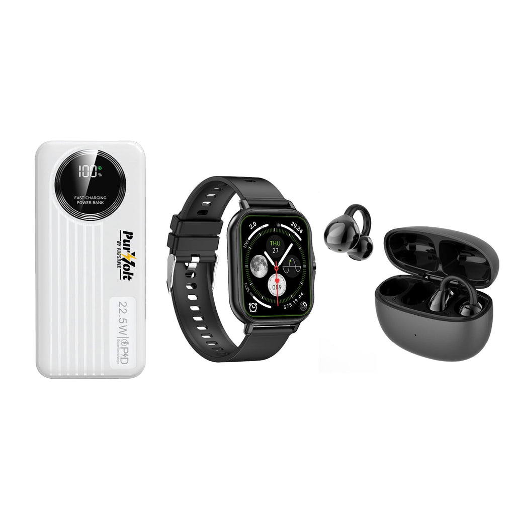 Ultimate Mobile Essentials (3pack)Bundle – Smart Watch, 10,000mAh Power Bank & True Wireless Earbuds by Pursonic
