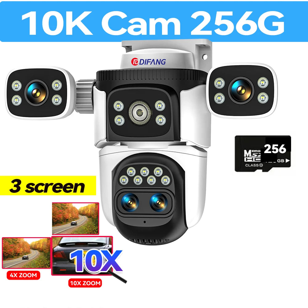 Surveillance/Security WiFi Camera 10K 4 Lens 20MP 3 Screens Optical 10X Zoom CCTV Video Camera & 360° Auto Tracking by GJB PRODUCTS