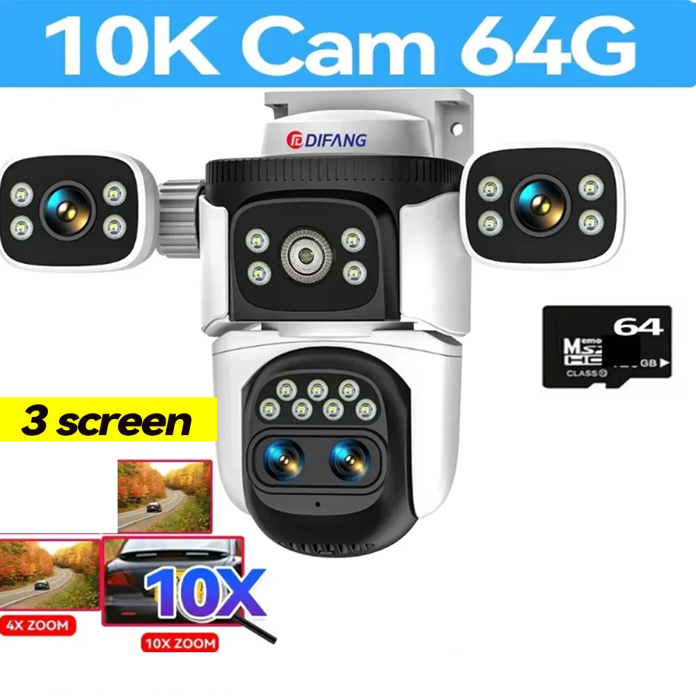 Surveillance/Security WiFi Camera 10K 4 Lens 20MP 3 Screens Optical 10X Zoom CCTV Video Camera & 360° Auto Tracking by GJB PRODUCTS