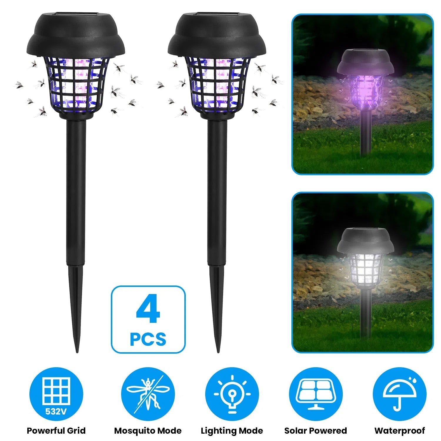 Anker: 4 - Pk Solar Powered Mosquito Zapper with Dual Purple UV & White LED Modes, 532V Electric Shock, Auto On Off, 800 mAh Rechargeable Battery, Waterproof Torch For Yard, - GJB PRODUCTS