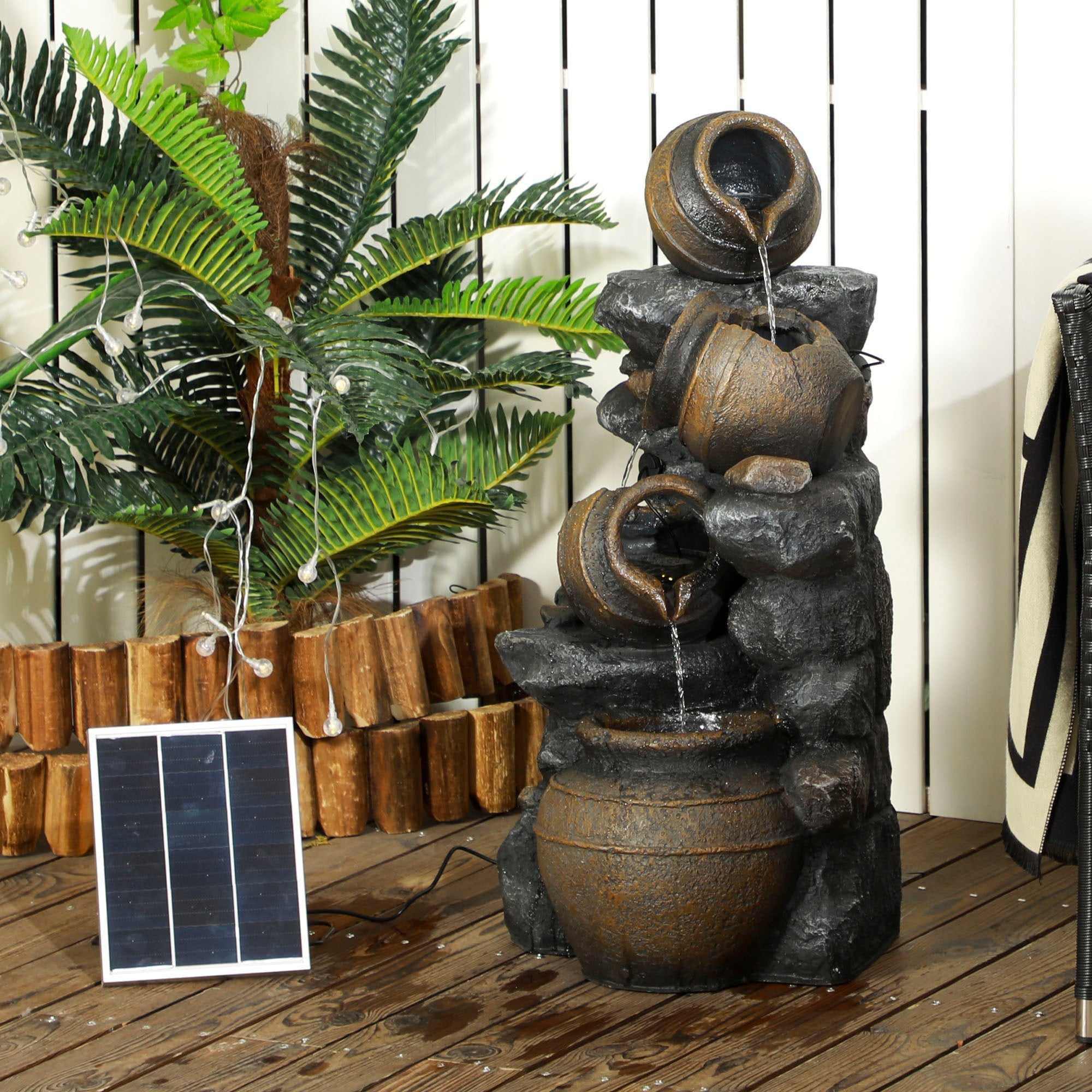 AOSOM: 28" Solar Powered Water Fountain, 4 - Tier Resin Cascading Jars and Stacked Stones Outdoor Waterfall Fountain with LED Lights - GJB PRODUCTS