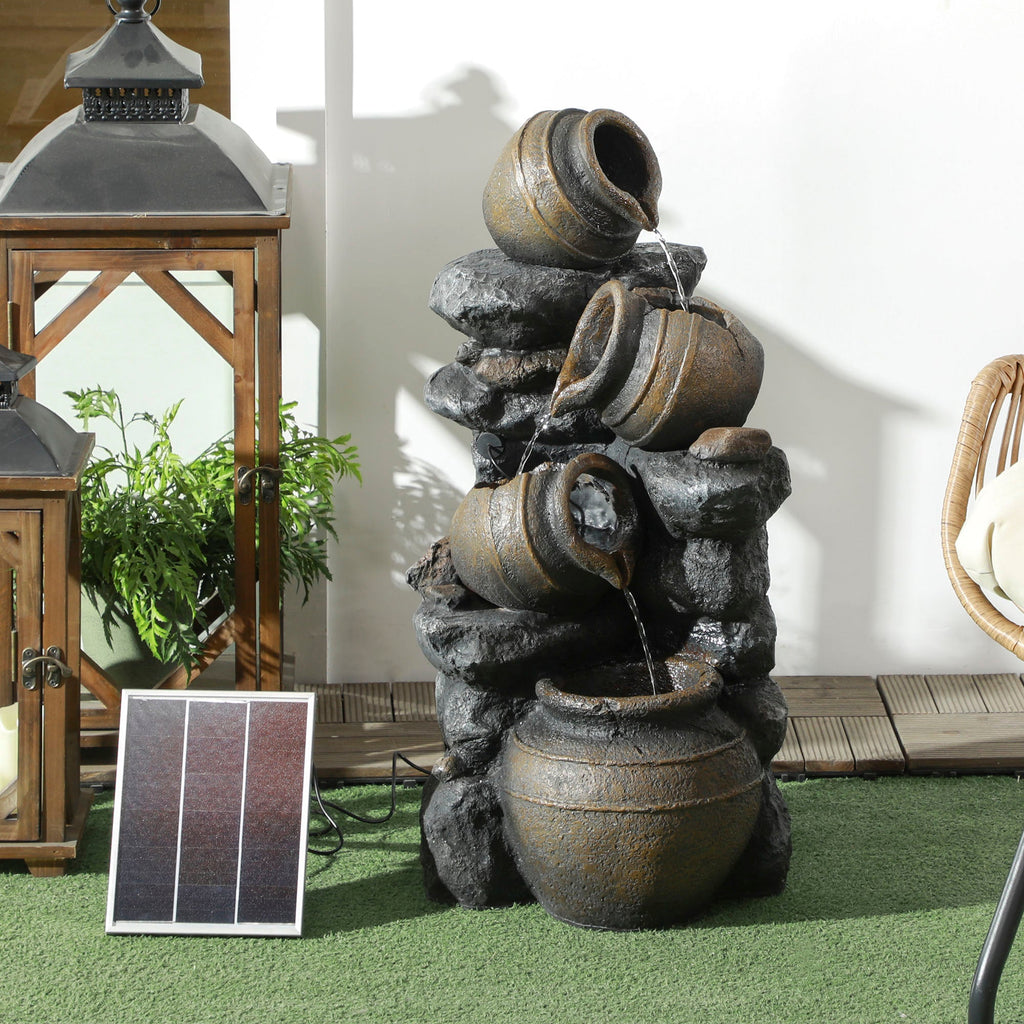 AOSOM: 28" Solar Powered Water Fountain, 4 - Tier Resin Cascading Jars and Stacked Stones Outdoor Waterfall Fountain with LED Lights - GJB PRODUCTS