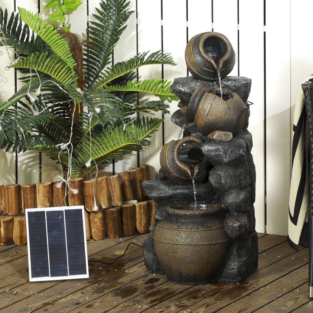 AOSOM: 28" Solar Powered Water Fountain, 4 - Tier Resin Cascading Jars and Stacked Stones Outdoor Waterfall Fountain with LED Lights - GJB PRODUCTS