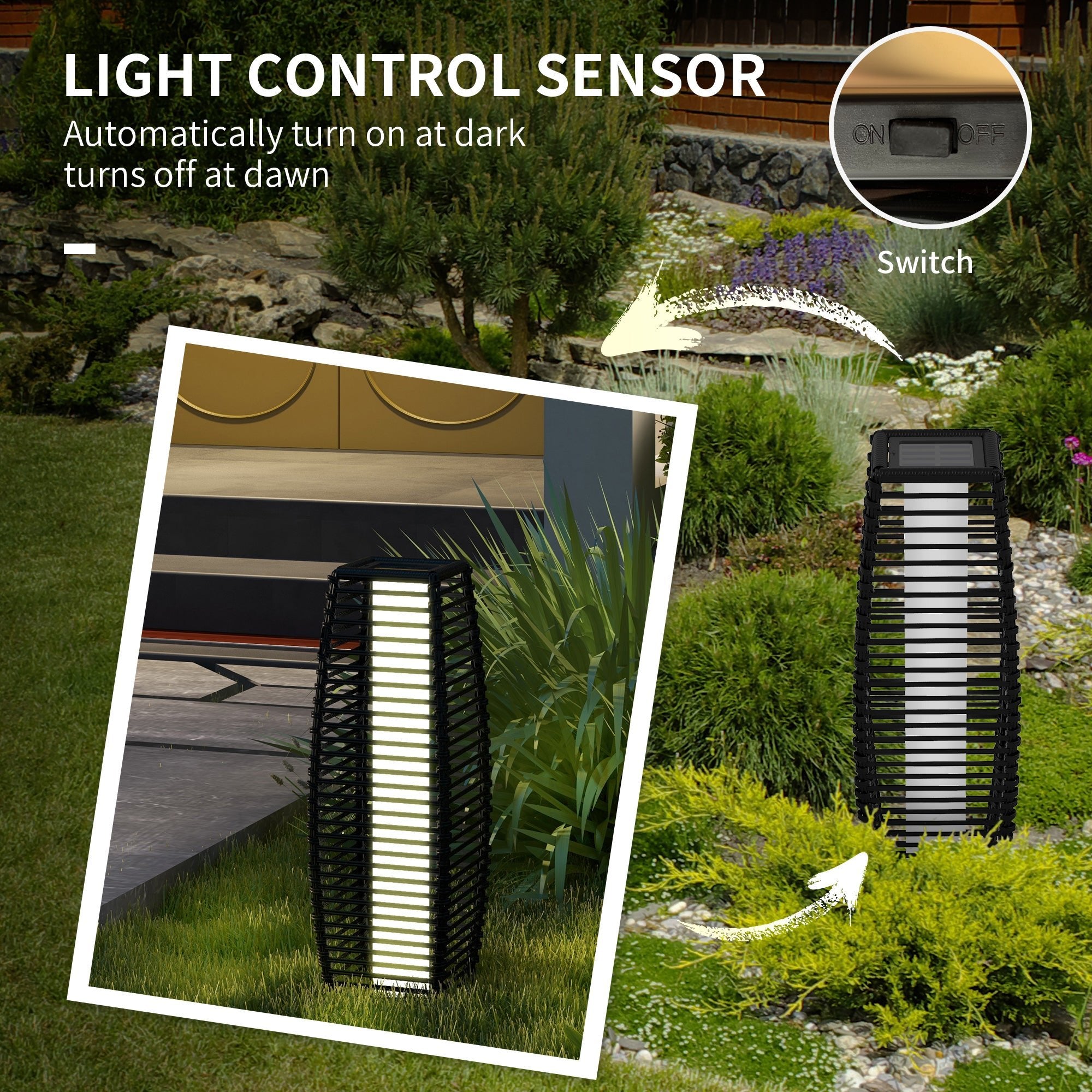 AOSOM: (Black)2.25ft Solar Powered Outdoor Rattan Pathway(LED)Lamp with Auto On/Off for Porch, Yard, Lawn, Courtyard, Deck and 8hr Charging Time - GJB PRODUCTS