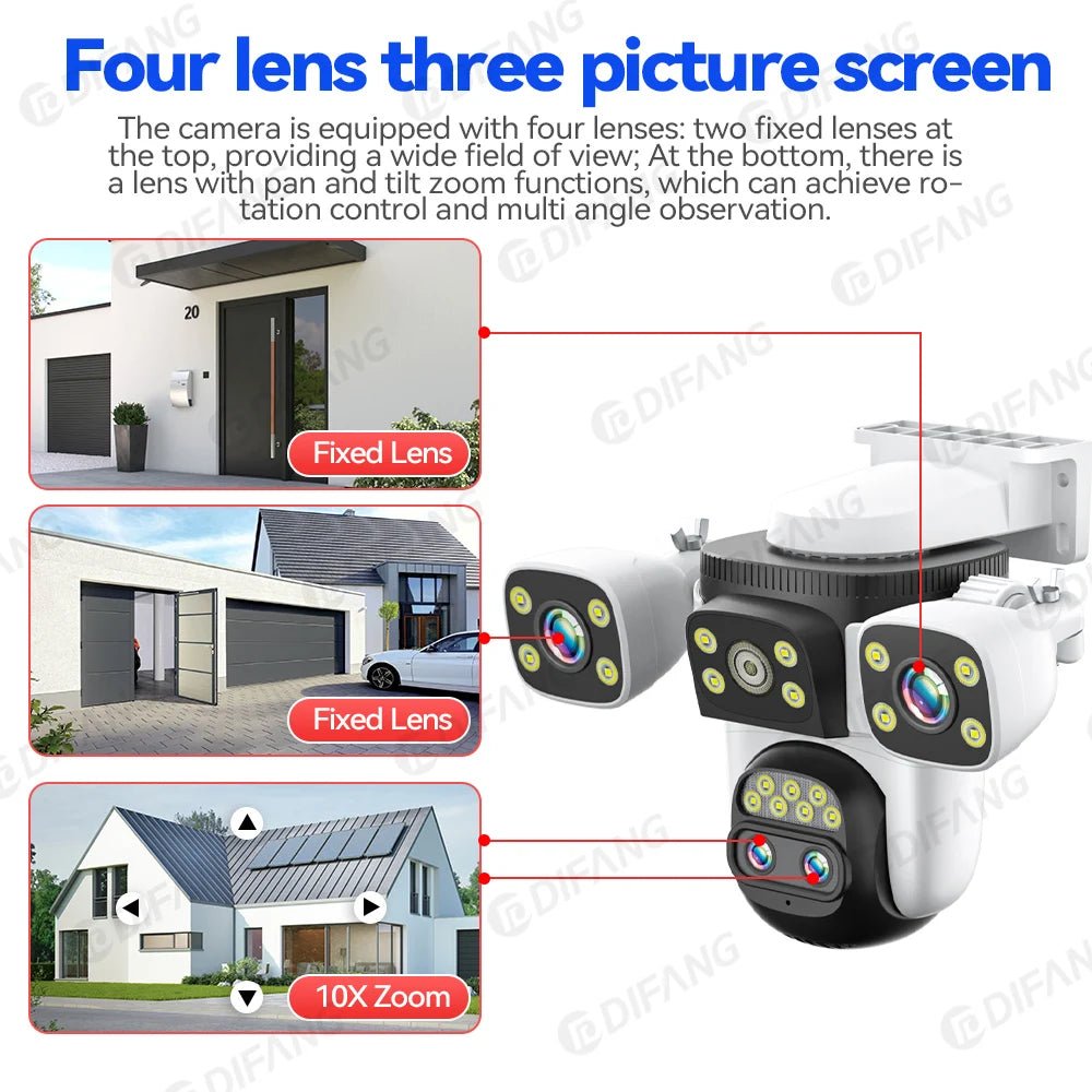 DIFANG: Surveillance WiFi Camera 4 Lens 10X Zoom 360° Rotation Auto Tracking - GJB PRODUCTS