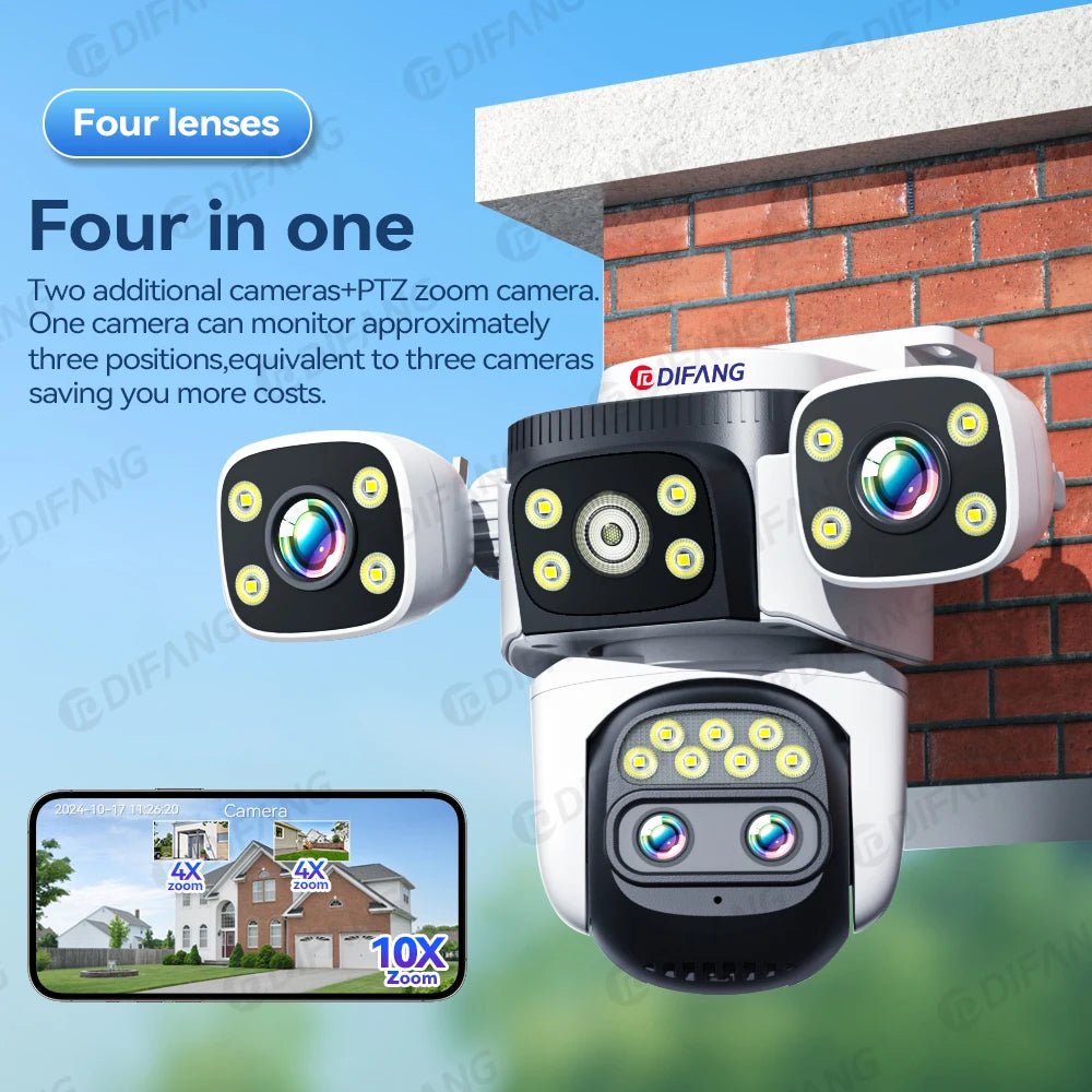 DIFANG: Surveillance WiFi Camera 4 Lens 10X Zoom 360° Rotation Auto Tracking - GJB PRODUCTS