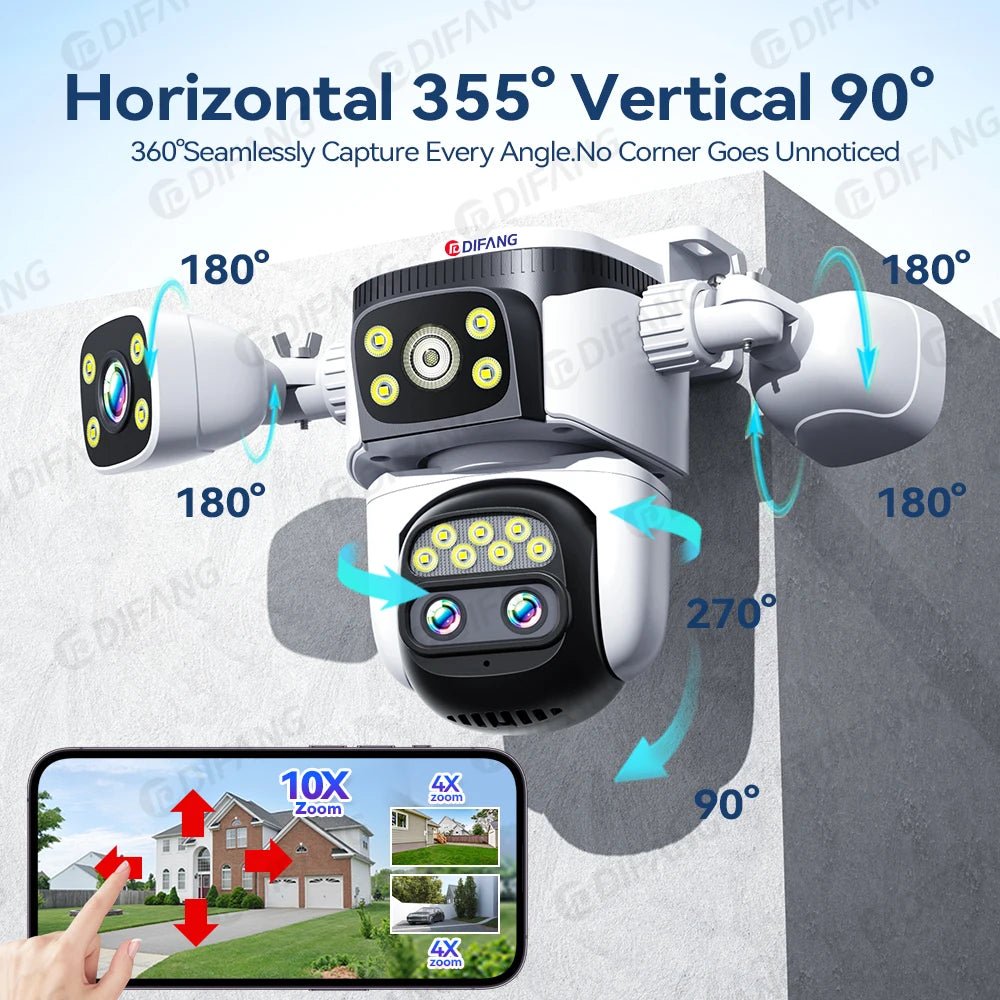 DIFANG: Surveillance WiFi Camera 4 Lens 10X Zoom 360° Rotation Auto Tracking - GJB PRODUCTS