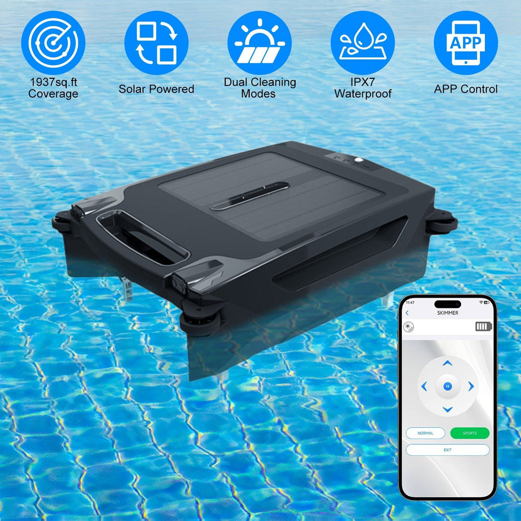 Direct Deals: Solar Powered Robotic Pool Skimmer Automatic Swimming Pool Surface Cleaner With 2 Cleaning Modes Dual Charging Methods IPX7 Waterproof 1937sq.ft Coverage with APP Control - GJB PRODUCTS
