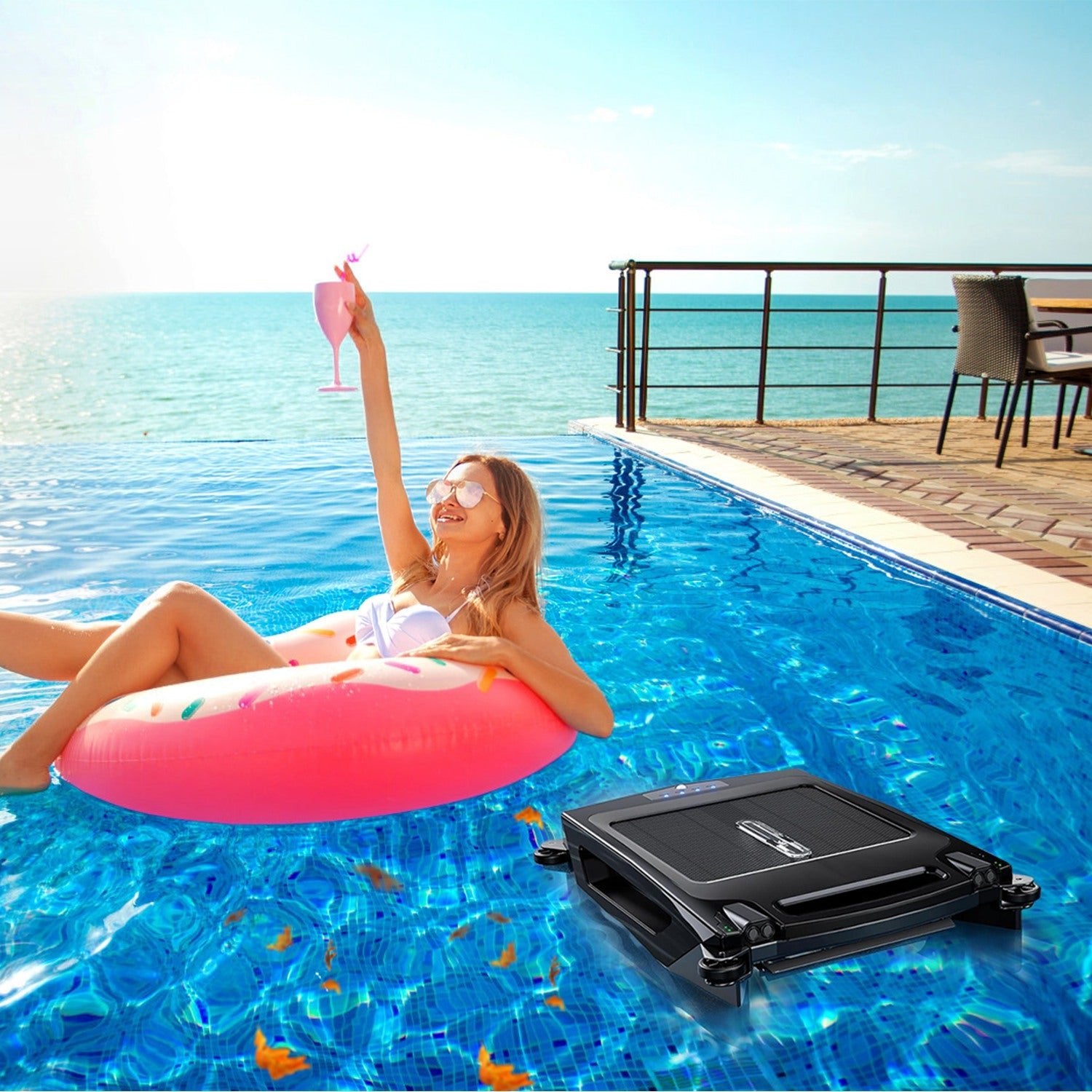 Direct Deals: Solar Powered Robotic Pool Skimmer Automatic Swimming Pool Surface Cleaner With 2 Cleaning Modes Dual Charging Methods IPX7 Waterproof 1937sq.ft Coverage with APP Control - GJB PRODUCTS