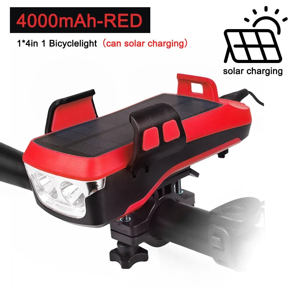 FiVEMi: 5 - in - 1 Multifunction Solar Charging or USB Bicycle Speaker(130DB) Light w/Horn(400Lm) Phone Holder•Power Bank Front Lamp For Bicycle Led Back Light Accessory - GJB PRODUCTS