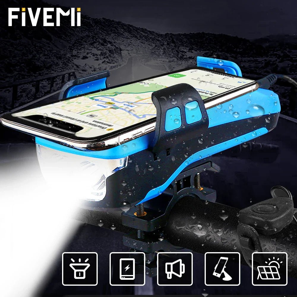 FiVEMi: 5 - in - 1 Multifunction Solar Charging or USB Bicycle Speaker(130DB) Light w/Horn(400Lm) Phone Holder•Power Bank Front Lamp For Bicycle Led Back Light Accessory - GJB PRODUCTS