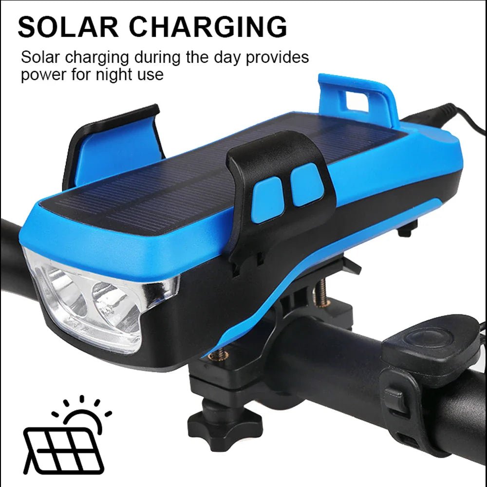 FiVEMi: 5 - in - 1 Multifunction Solar Charging or USB Bicycle Speaker(130DB) Light w/Horn(400Lm) Phone Holder•Power Bank Front Lamp For Bicycle Led Back Light Accessory - GJB PRODUCTS