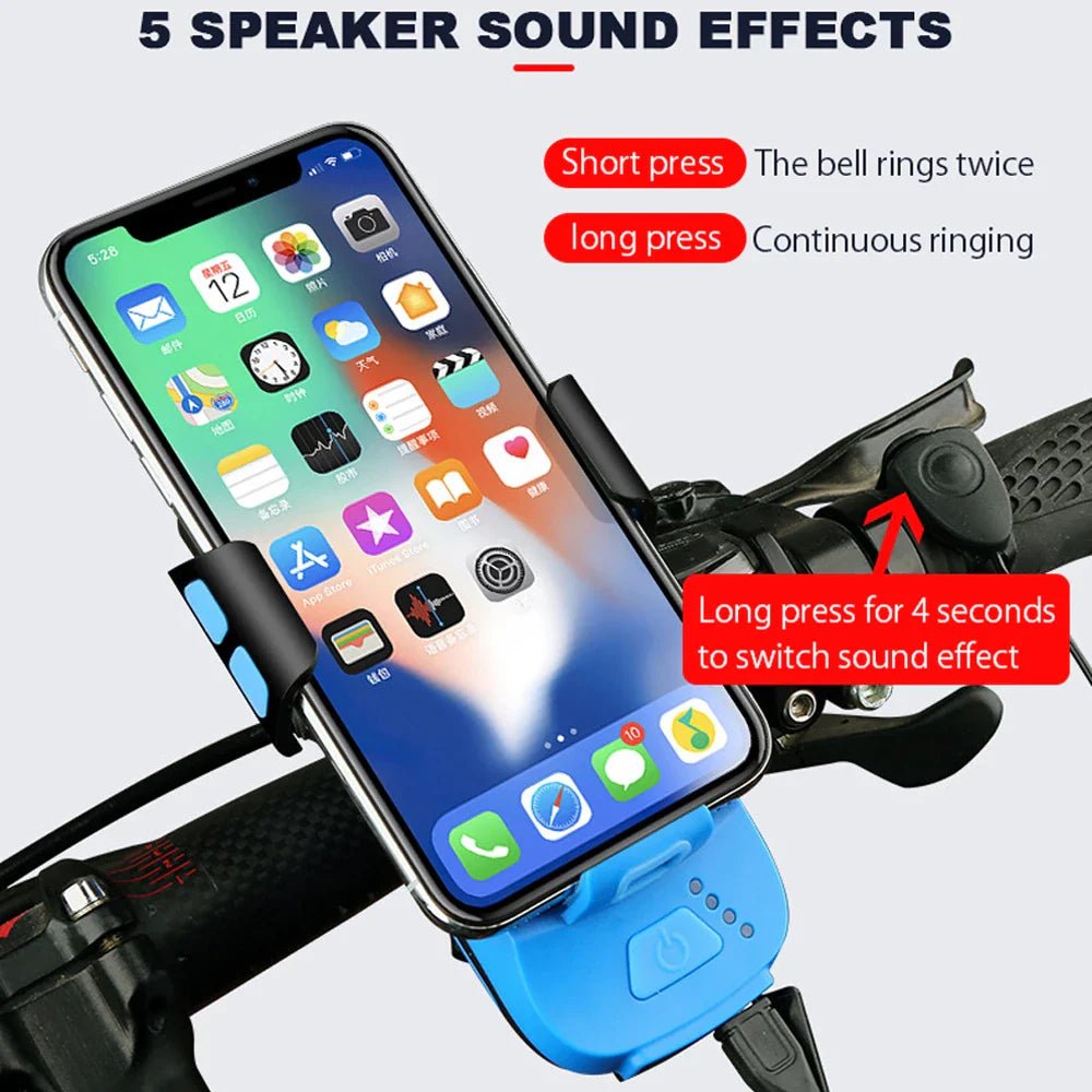 FiVEMi: 5 - in - 1 Multifunction Solar Charging or USB Bicycle Speaker(130DB) Light w/Horn(400Lm) Phone Holder•Power Bank Front Lamp For Bicycle Led Back Light Accessory - GJB PRODUCTS