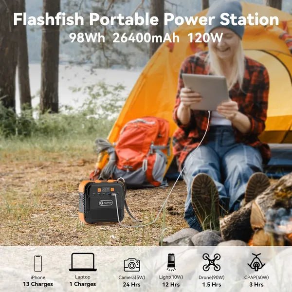 Flashfish: 120W Portable Power Station, 98Wh/26400mAh Solar Generator Backup Power Battery Pack With AC/DC/Type - c/USB/Flashlight, 110V Power Bank - GJB PRODUCTS