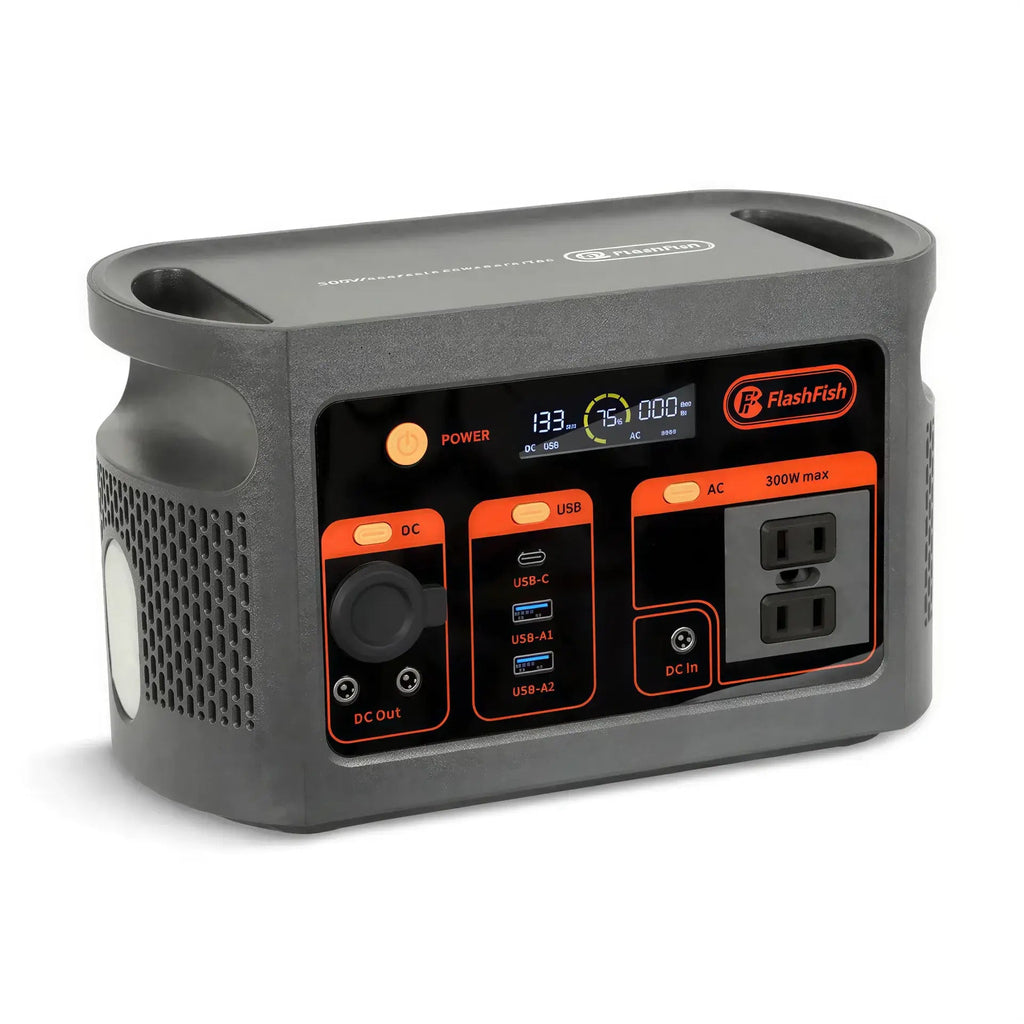 FLASHFISH E103: Portable 100W AC Charging Input/179.2Wh - 300W Fast Charging Solar - Powered Generator/Power Station & 2W LED Flashlight with 7 Outputs for Indoor and Outdoor use. - GJB PRODUCTS