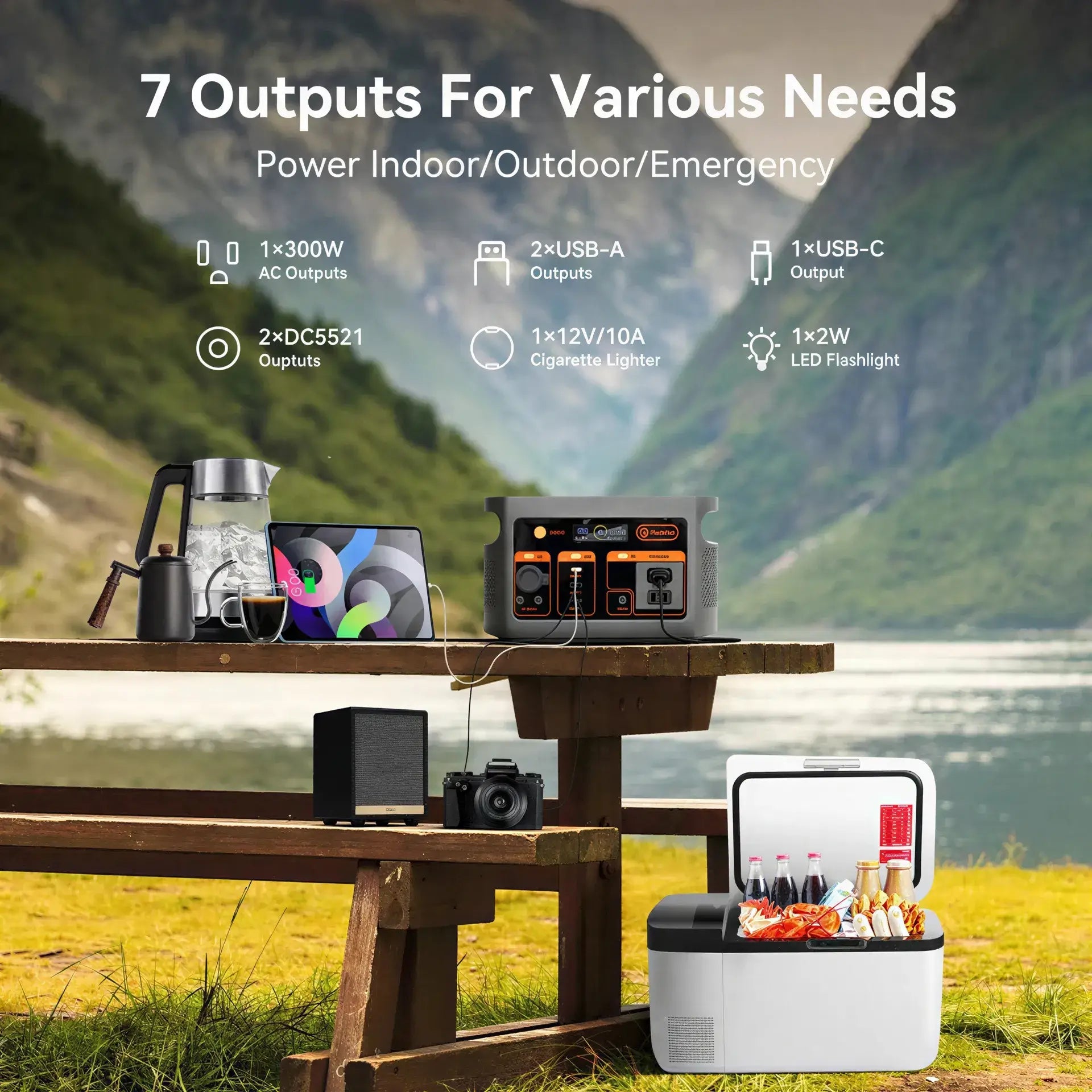 FLASHFISH E103: Portable 100W AC Charging Input/179.2Wh - 300W Fast Charging Solar - Powered Generator/Power Station & 2W LED Flashlight with 7 Outputs for Indoor and Outdoor use. - GJB PRODUCTS