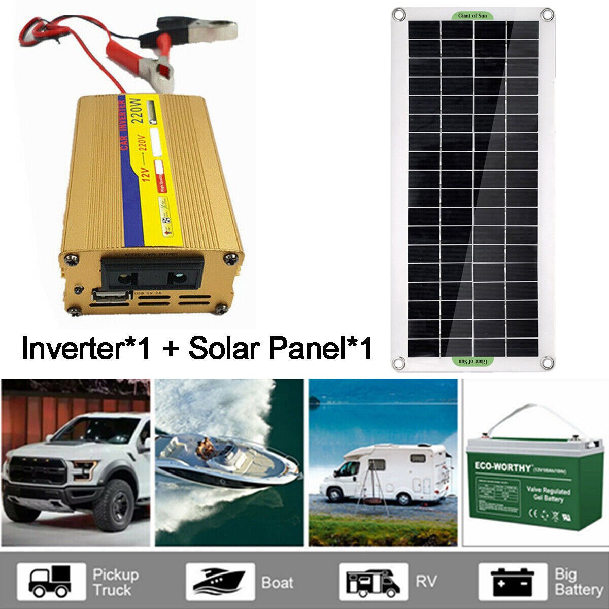 GJB Products: 220W - Inverter 100W - Solar Panel Kit USB Battery Charger Convert AC,DC - GJB PRODUCTS