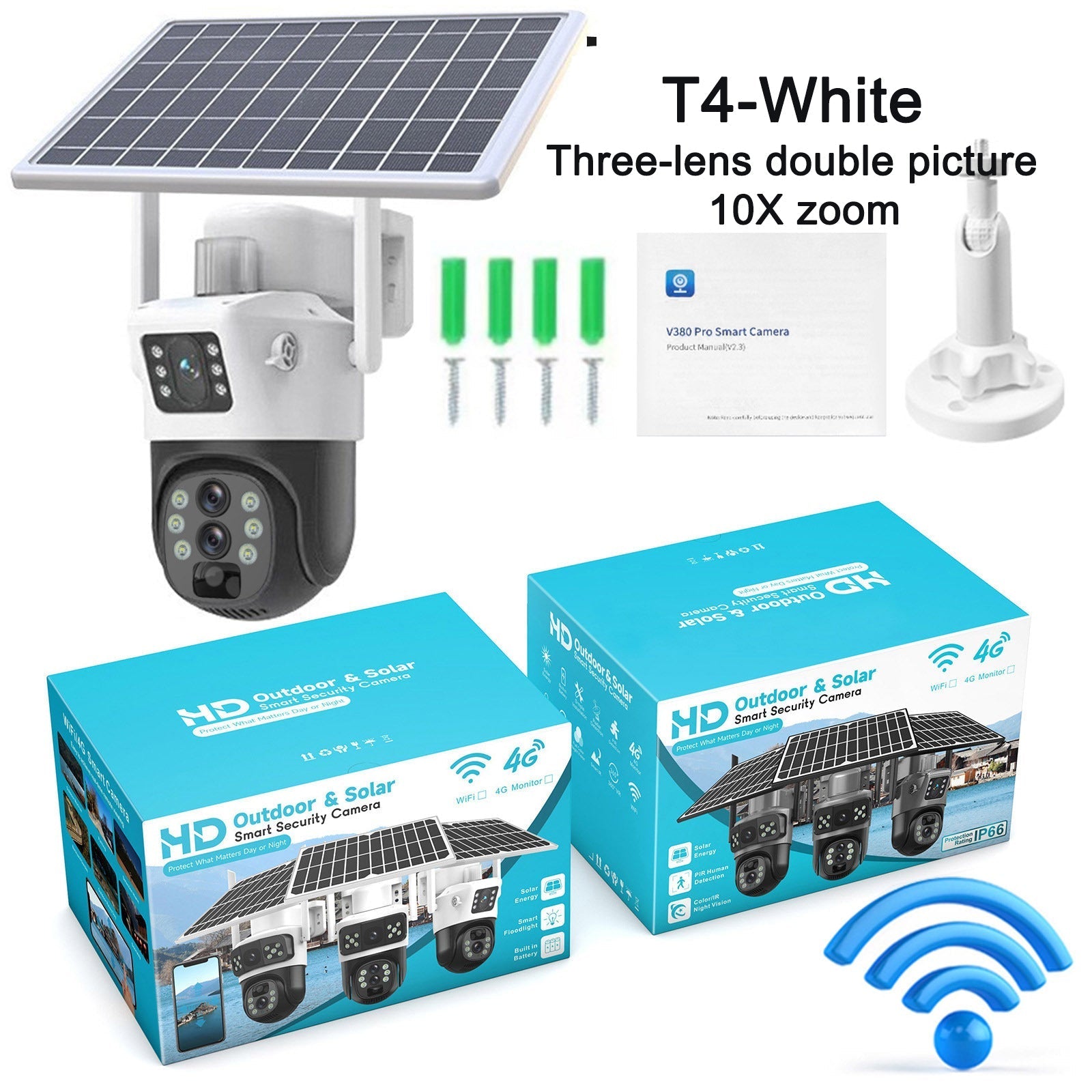 GJB Products: 380 - Pro Smart Solar Powered Camera WIFI Dual - Screen Multi - Lens 10x Zoom Low - Power Battery Wireless Controlled from Smart Device - GJB PRODUCTS