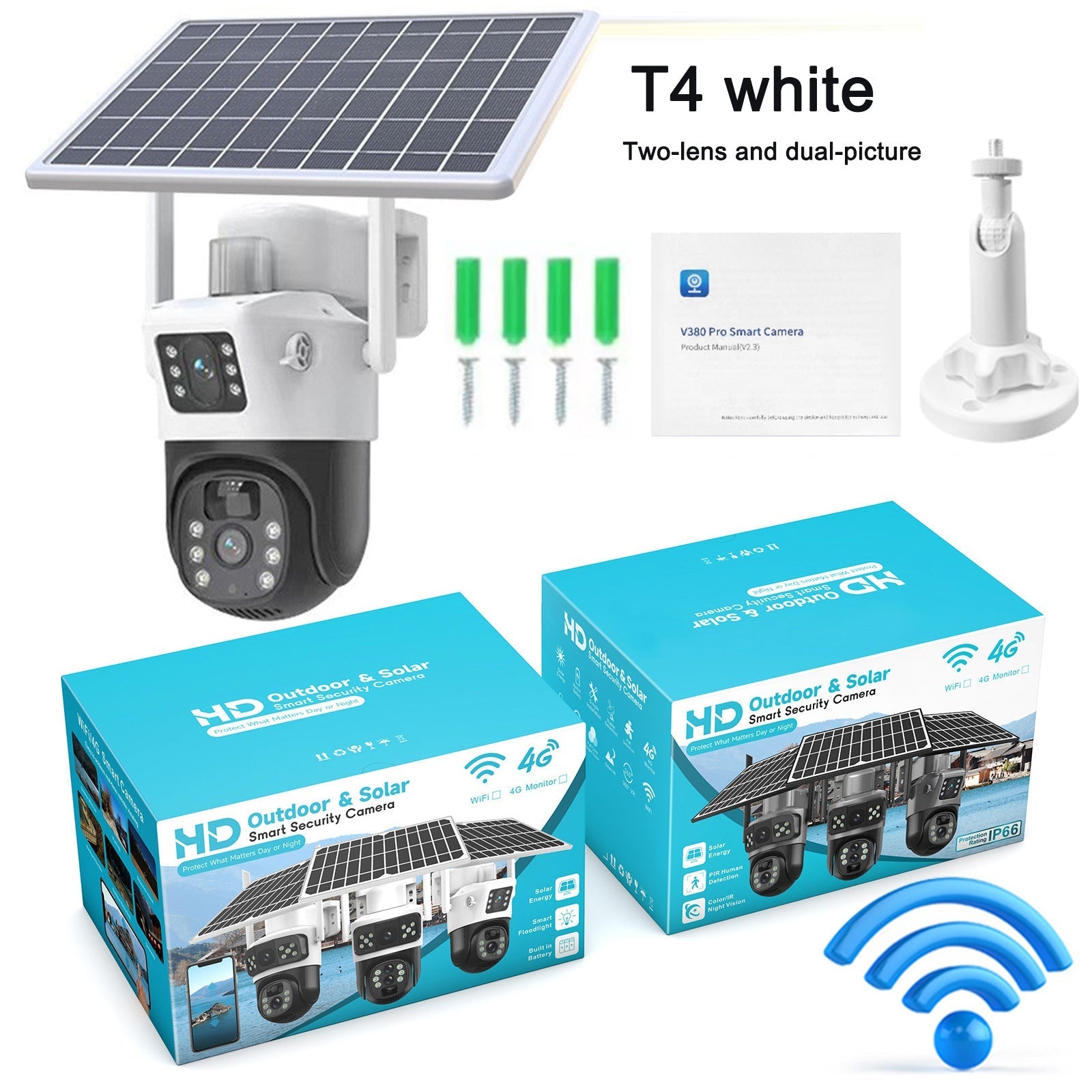 GJB Products: 380 - Pro Smart Solar Powered Camera WIFI Dual - Screen Multi - Lens 10x Zoom Low - Power Battery Wireless Controlled from Smart Device - GJB PRODUCTS