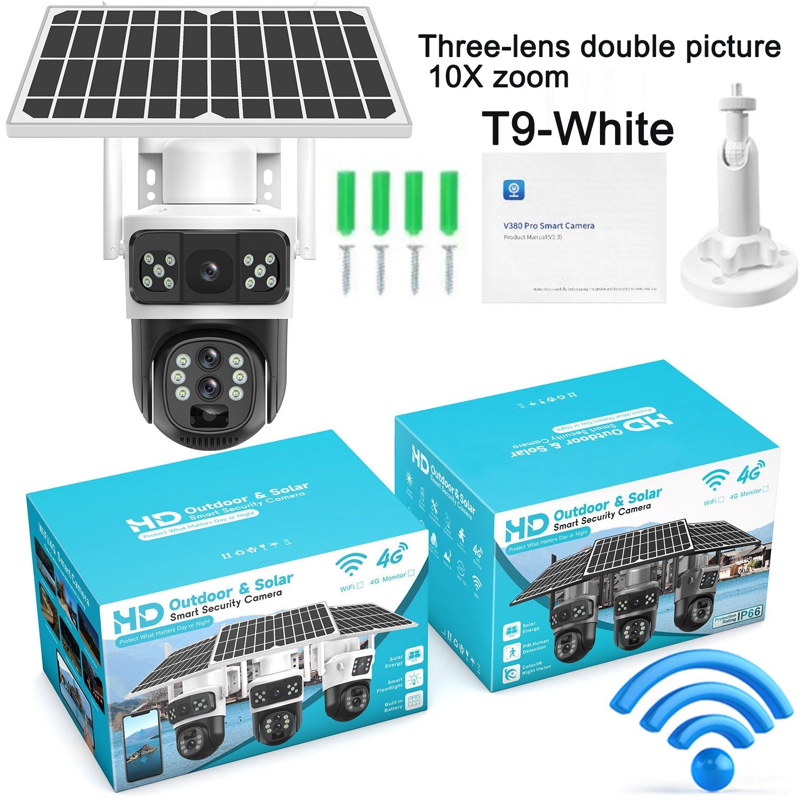GJB Products: 380 - Pro Smart Solar Powered Camera WIFI Dual - Screen Multi - Lens 10x Zoom Low - Power Battery Wireless Controlled from Smart Device - GJB PRODUCTS