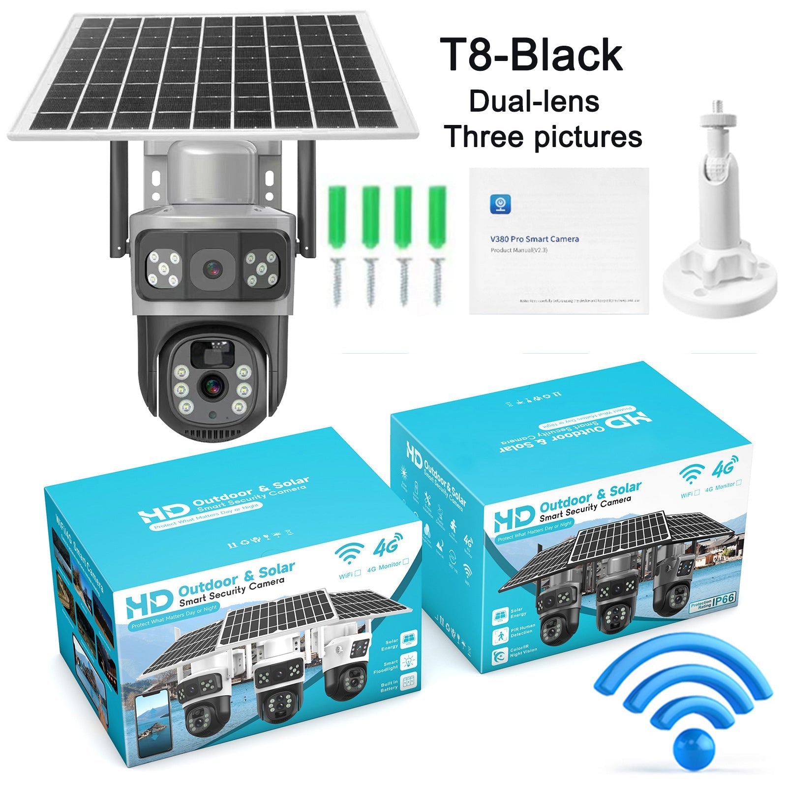 GJB Products: 380 - Pro Smart Solar Powered Camera WIFI Dual - Screen Multi - Lens 10x Zoom Low - Power Battery Wireless Controlled from Smart Device - GJB PRODUCTS
