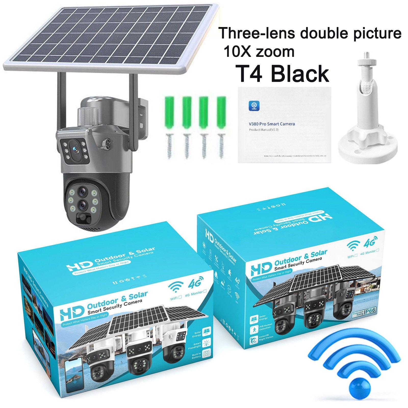 GJB Products: 380 - Pro Smart Solar Powered Camera WIFI Dual - Screen Multi - Lens 10x Zoom Low - Power Battery Wireless Controlled from Smart Device - GJB PRODUCTS