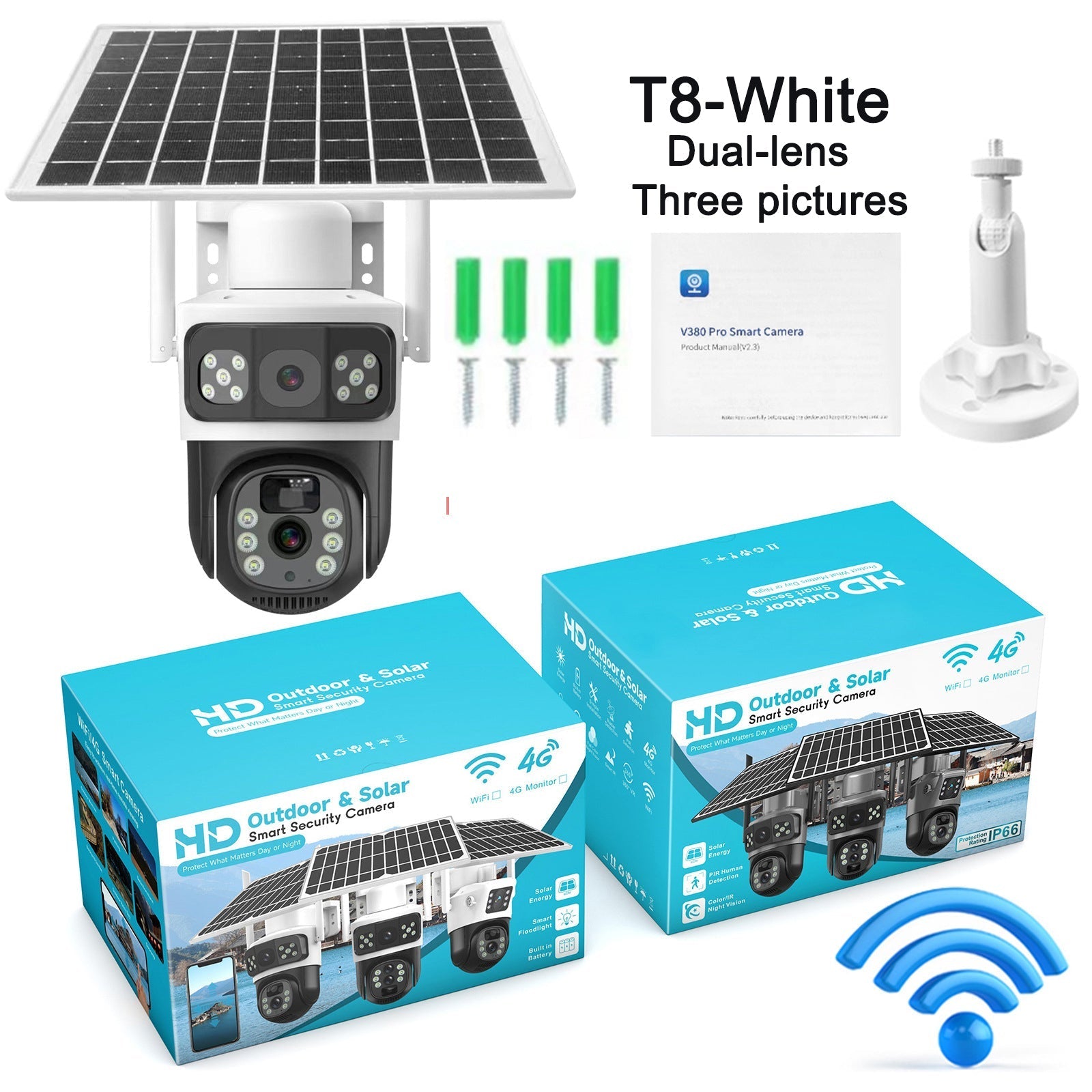 GJB Products: 380 - Pro Smart Solar Powered Camera WIFI Dual - Screen Multi - Lens 10x Zoom Low - Power Battery Wireless Controlled from Smart Device - GJB PRODUCTS