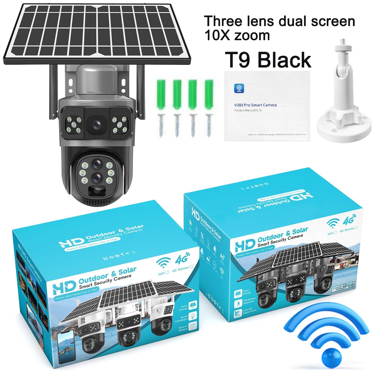 GJB Products: 380 - Pro Smart Solar Powered Camera WIFI Dual - Screen Multi - Lens 10x Zoom Low - Power Battery Wireless Controlled from Smart Device - GJB PRODUCTS