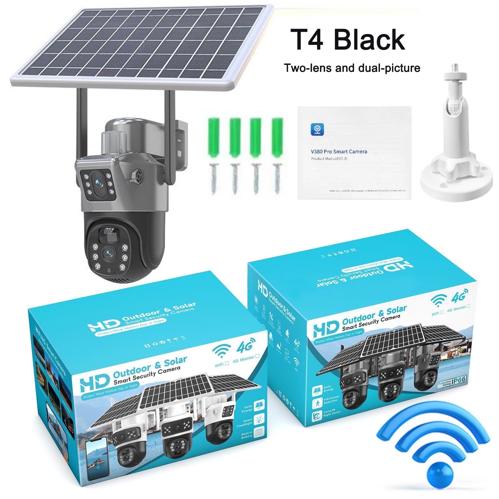 GJB Products: 380 - Pro Smart Solar Powered Camera WIFI Dual - Screen Multi - Lens 10x Zoom Low - Power Battery Wireless Controlled from Smart Device - GJB PRODUCTS
