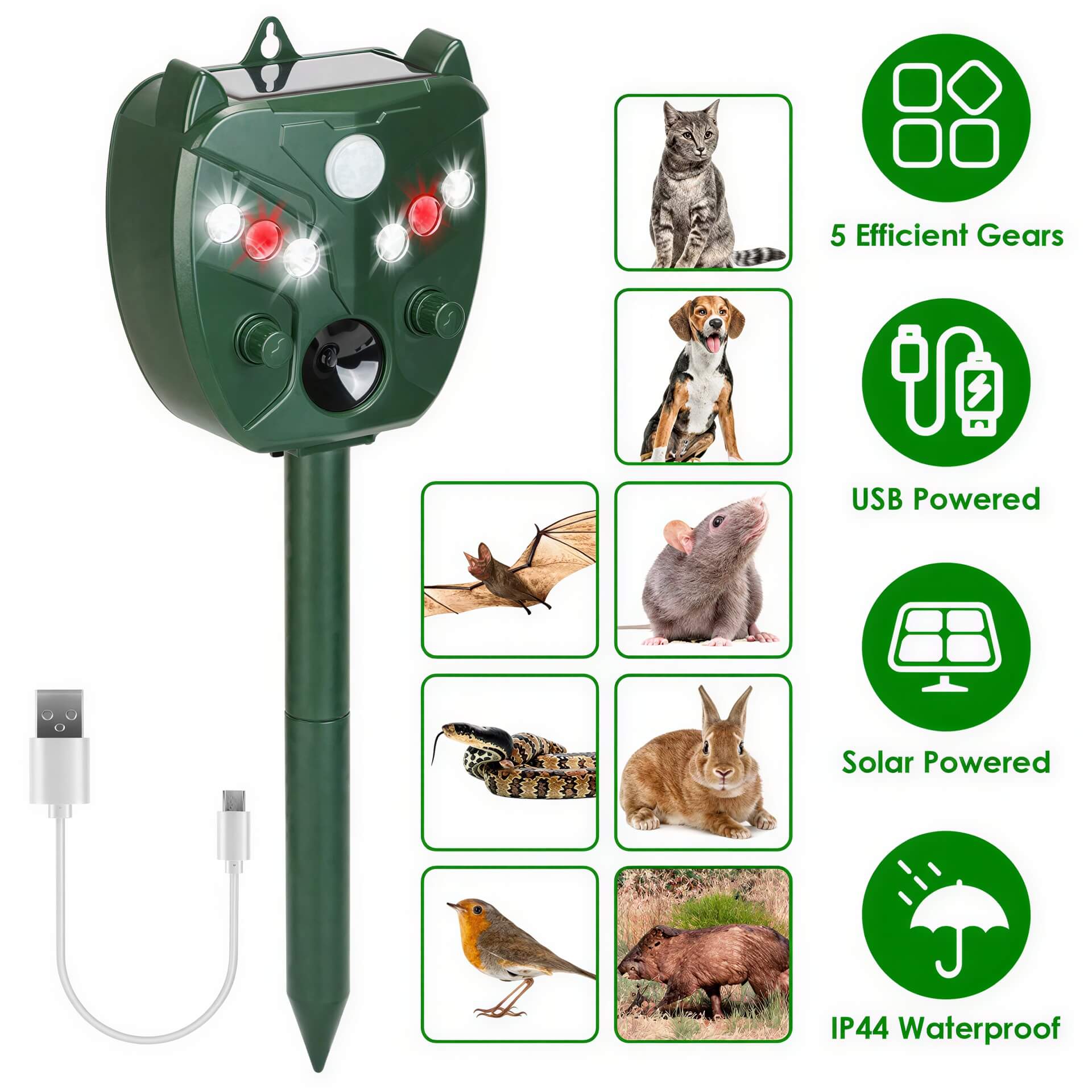 GJB Products: 5 Gear Wide Range Ultrasonic Solar Animal Repellent Light - GJB PRODUCTS