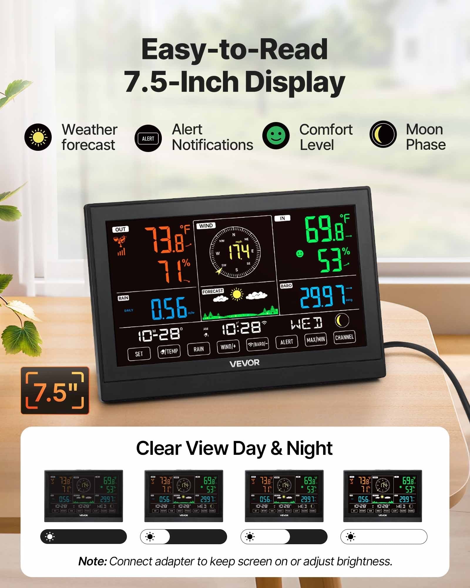 GJB Products: 5 - in - 1 Wireless Solar Weather Station with 7.5 - Inch VA Display - GJB PRODUCTS