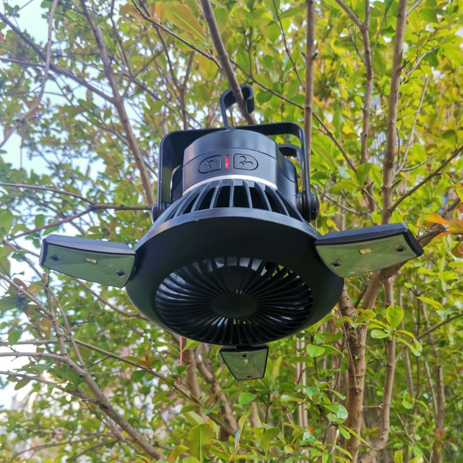 GJB Products: 5V/4W Solar Powered Hanging LED Light W/Foldable Fan with USB Output - GJB PRODUCTS