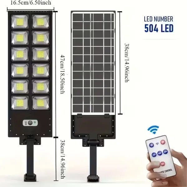 GJB Products: 7x3x20” 800W Commercial Solar Street Light(504 - LED’s)with 3 Mode,Motion Sensor and Remote - GJB PRODUCTS