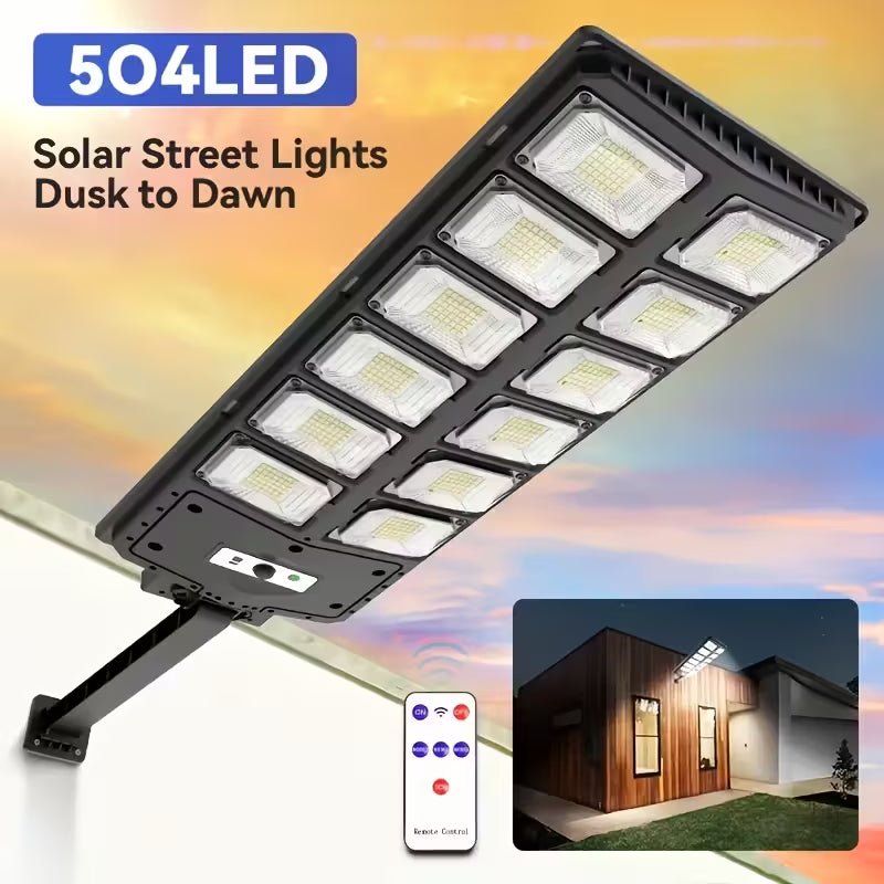 GJB Products: 7x3x20” 800W Commercial Solar Street Light(504 - LED’s)with 3 Mode,Motion Sensor and Remote - GJB PRODUCTS