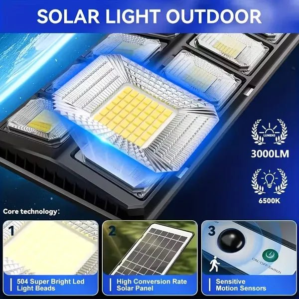 GJB Products: 7x3x20” 800W Commercial Solar Street Light(504 - LED’s)with 3 Mode,Motion Sensor and Remote - GJB PRODUCTS