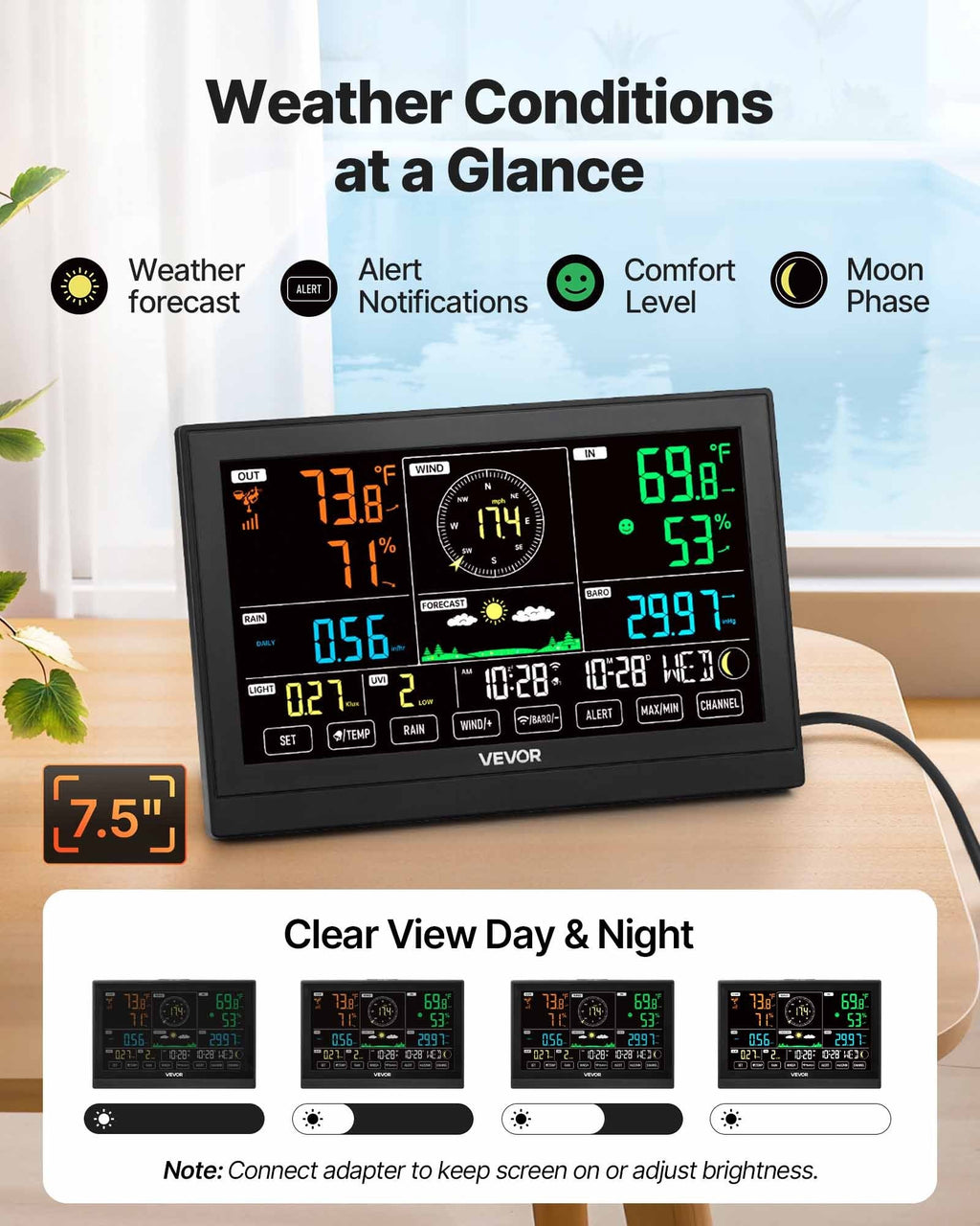 GJB Products: 8 - in - 1 Solar Powered Weather Forecast Station with Monitor and Sensor - GJB PRODUCTS