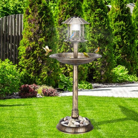 GJB Products: Bronze 15c20x42” Birdbath and Solar Powered LED Light with Fillable Base - GJB PRODUCTS